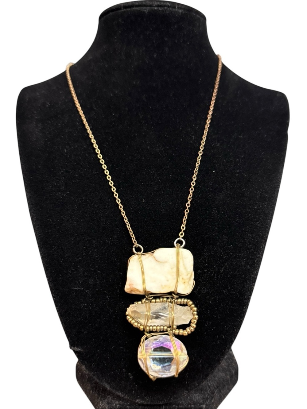 Boho Wire Wrapped Stone Crystal Pendant Necklace Gold Tone